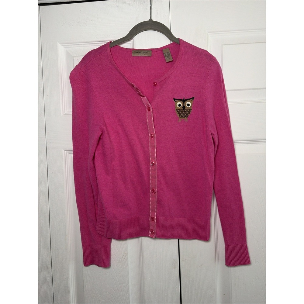 i.e. relaxed Owl Cardigan Womens Size PM Pink Embroidered Angora Blend Sweater